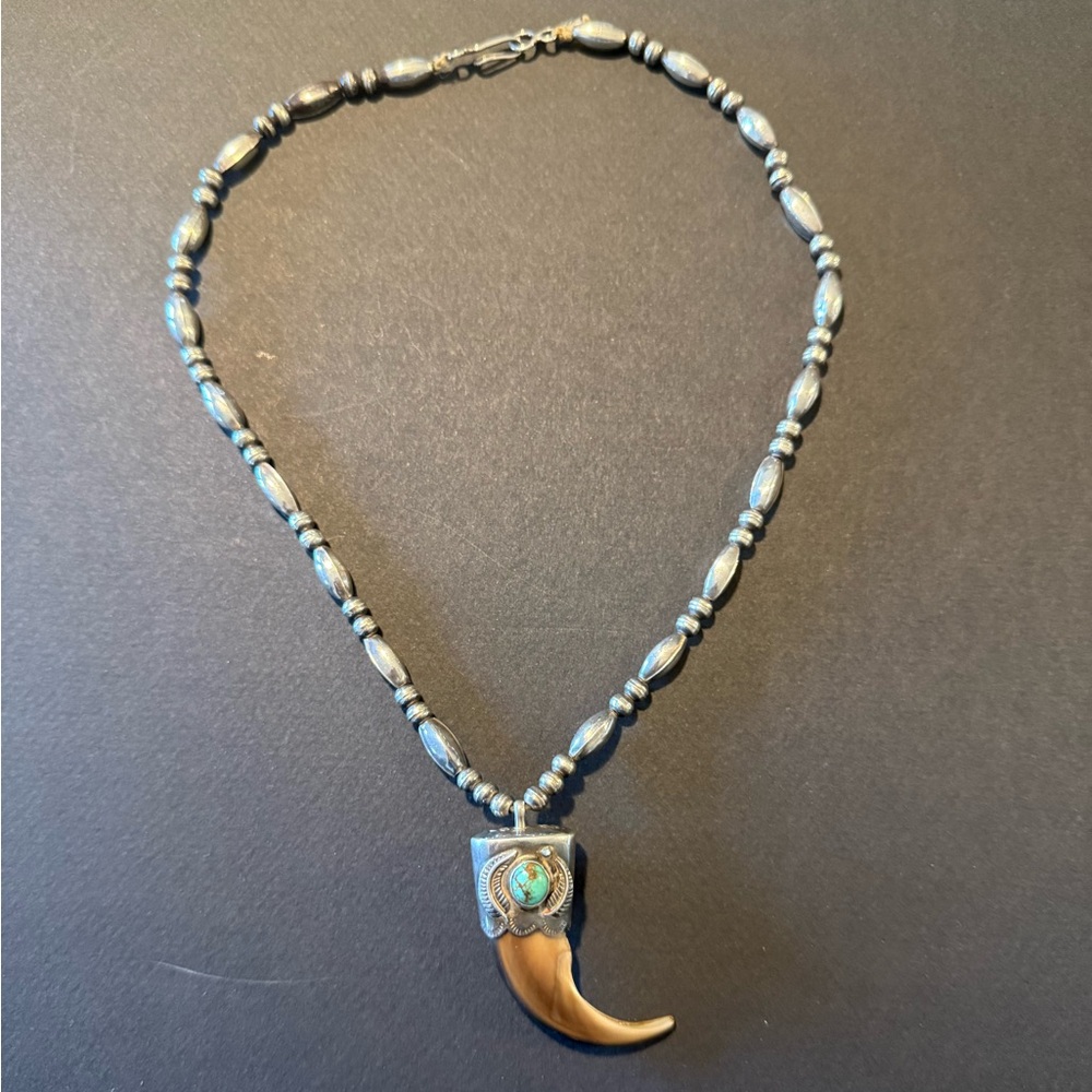 Sterling-Style Silver Bead Necklace with Turquoise Accent and Horn Pendant